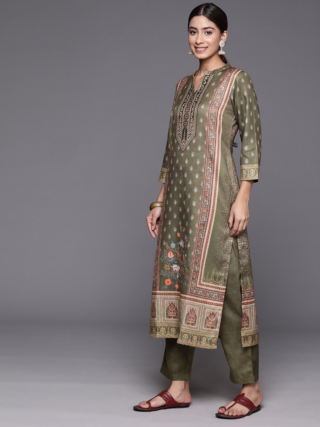 Women Olive Ethnic Motif Printed Straight Kurta Paired With Tonal Bottom And Dupatta