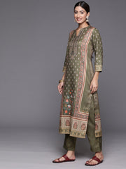 Women Olive Ethnic Motif Printed Straight Kurta Paired With Tonal Bottom And Dupatta