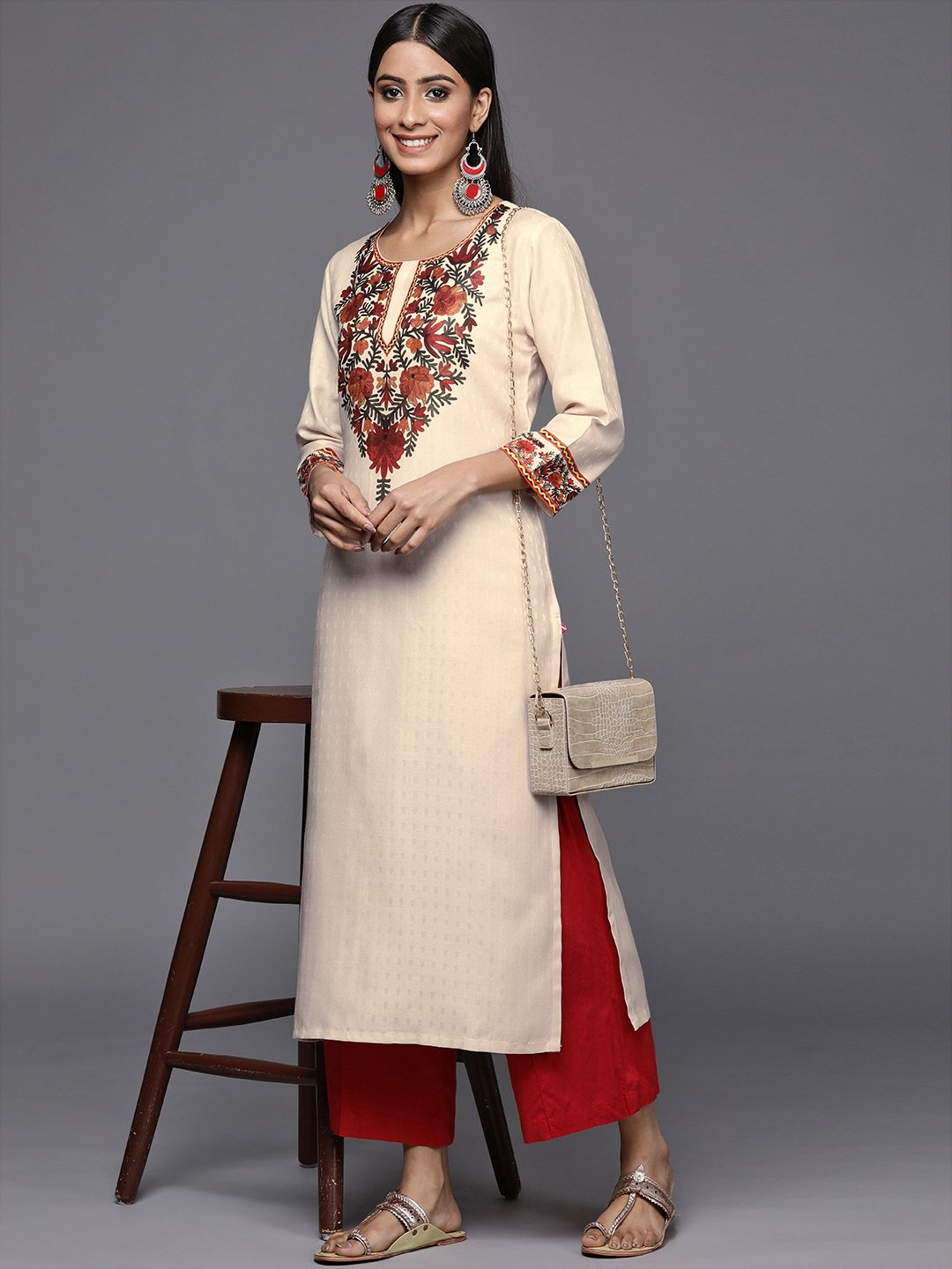 cream pashmina floral printed straight winter kurta with three quarter sleeves