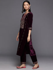 Women Purple Velvet Round Neck Yoke Embroidered With Three Quarter Sleeves Straight Kurta Paired With Tonal Embroidered Bottom And Dupatta With Scalloped Hem