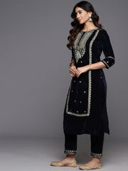 Women Velvet All Over Embroidered, Round Neck Yoke Straight Kurta Paired With Tonal Embroidered Bottom And Dupatta