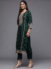 Green Embroidered Kurta Paired With Tonal Bottom And Dupatta