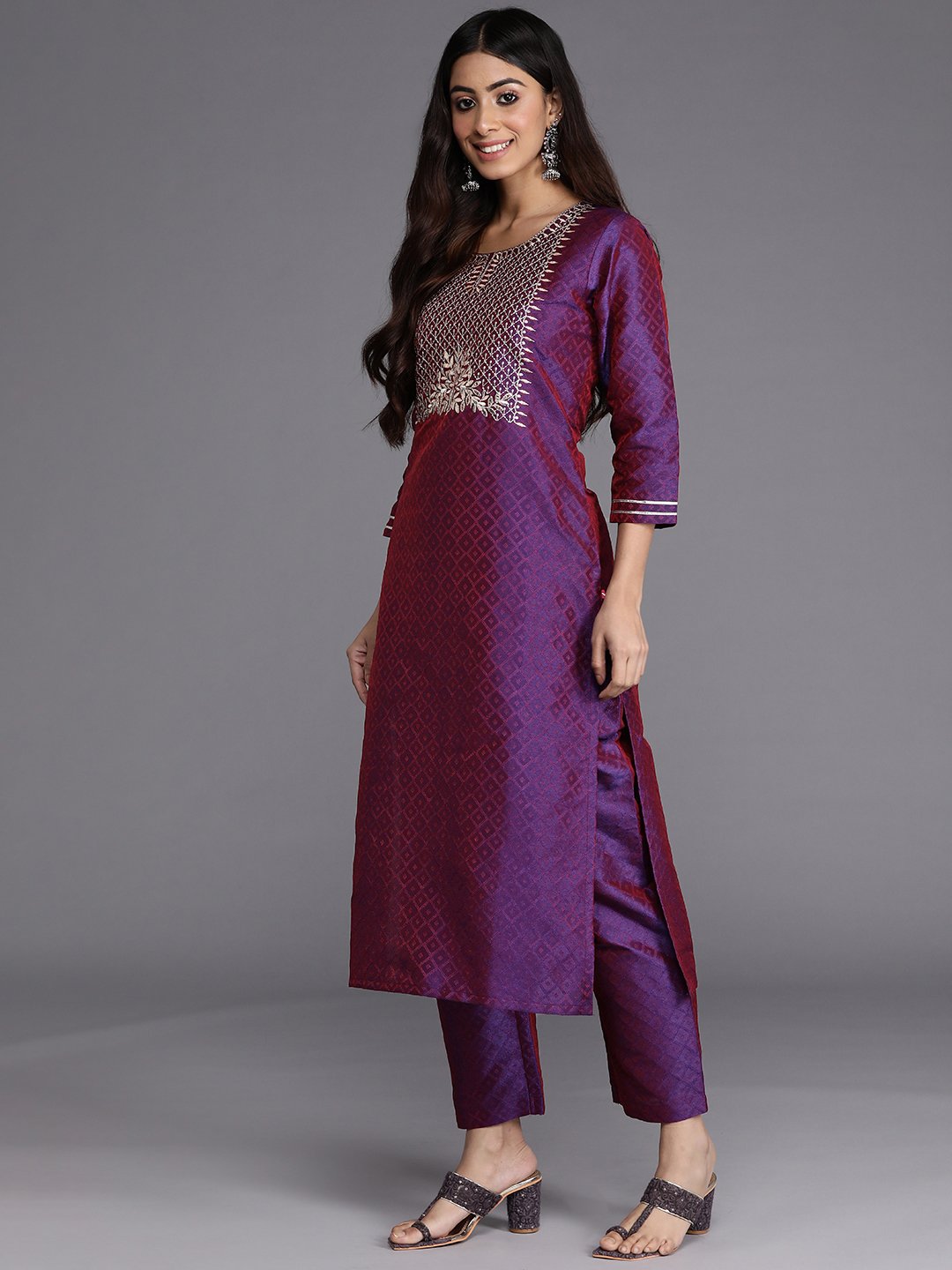 Women Purple Embroidered Kurta Paired With Tonal Bottom And Dupatta