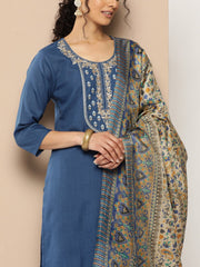 Women Embroidered Yoke Straight Kurta Paired With Tonal Bottom And Printed Bhagalpuri Dupatta