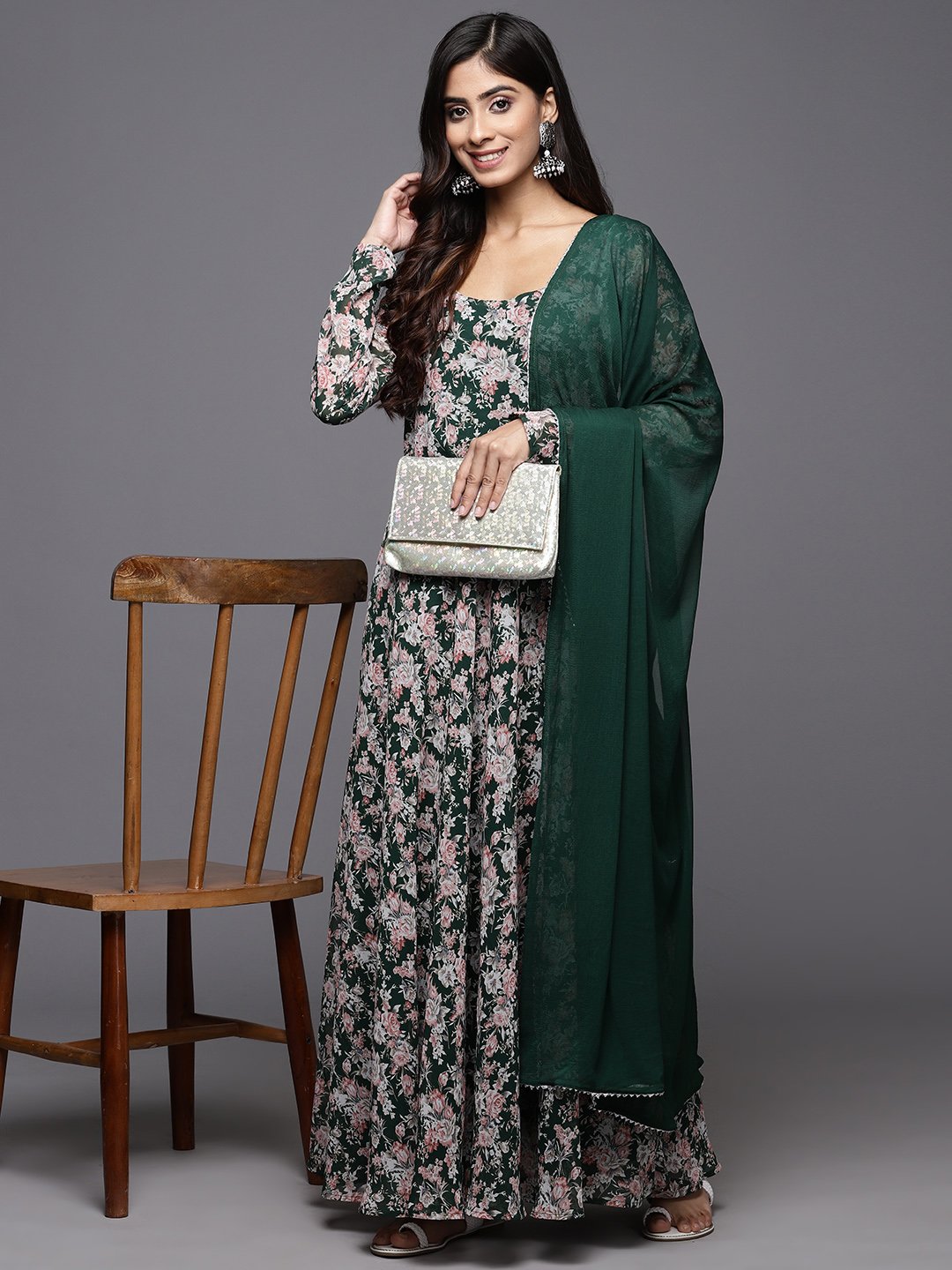 Women Floral Printed Anarkali Kurta Paired With Tonal Dupatta With Four Side Traingular Gota Lace.