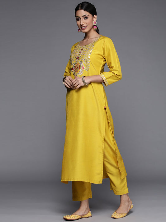 Yellow Embroidered Yoke Kurta With Straight Pant And Ombre Shade Chiffon Dupatta