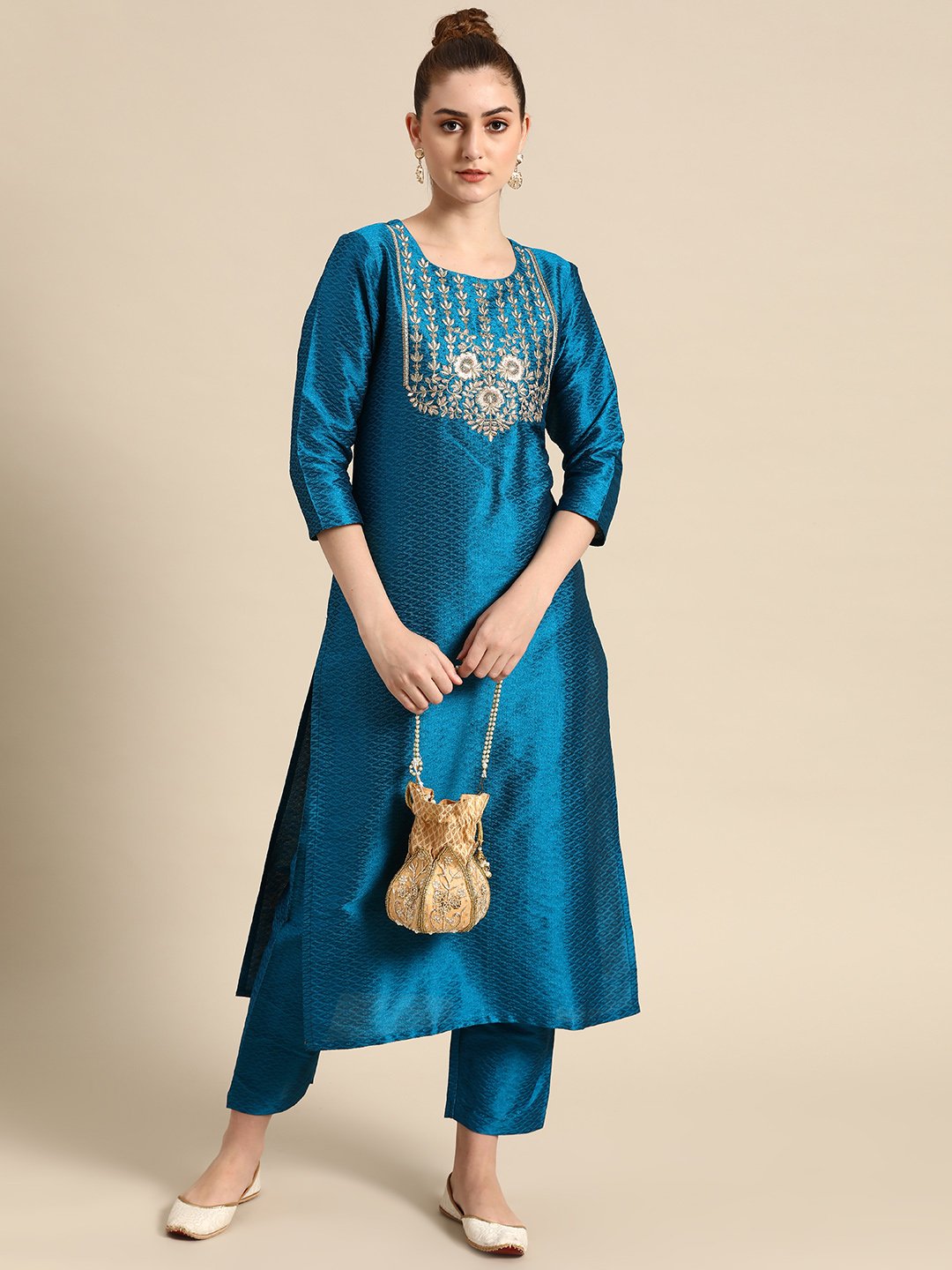 Blue And Gold Zari And Sequins Embroidery Kurta With Overall Elasticated Trouser