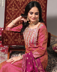 Coral Embroidered Straight Kurta With Three-Quarter Sleeves Paired With Tonal Bottom And Dupatta