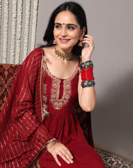 Maroon Embroidere Strap Style Kurta With Tonal Bottom And Pant