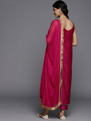 Magenta And Gold Jacquard Strap Style Kurta With Straight Pant And Chiffon Dupatta