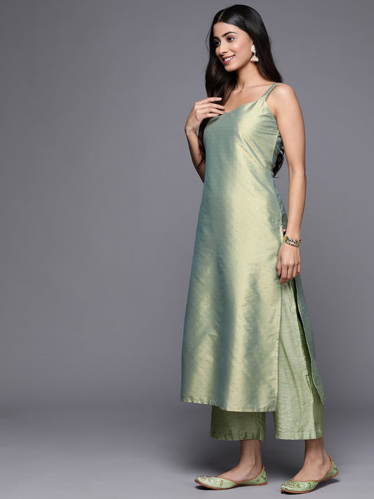 Green Spaghetti Strap Straight Kurta With Tonal Bottom And Tonal Dupatta