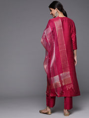 Women Magenta Pink Embroidered Kurta With Trousers And Dupatta