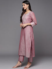 Women Mauve Floral Embroidered Regular Chanderi Silk Kurta With Trousers & With Dupatta