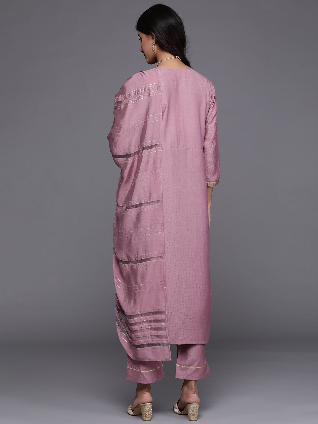 Mauve Embroidered Kurta With Straight Pant And Dupatta