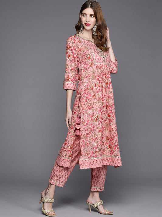 Floral Printed Embroidered Kurta With Straight Pant And Chiffon Dupatta