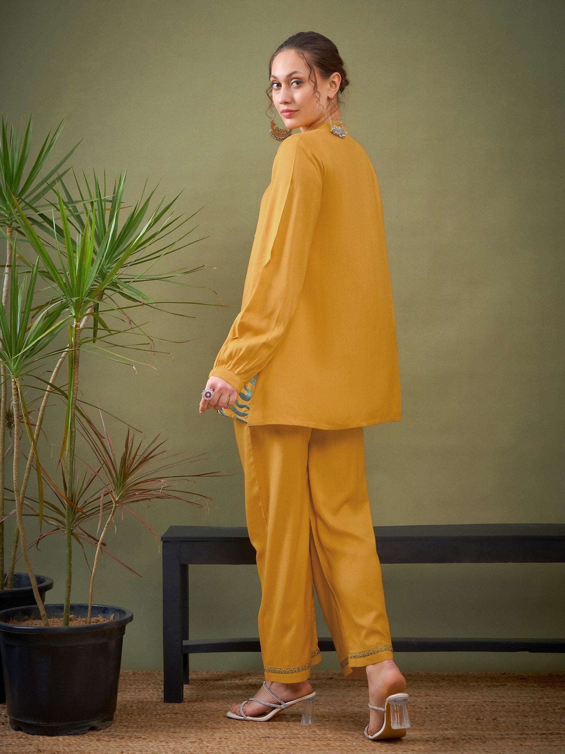 Women Mustard Hem Embroidered Shirt With Palazzos