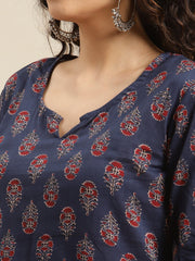 Women Navy Blue Ethnic Motifs Straight Kurta.