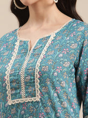 Blue Floral Printed Lace Embellished Kurta With 3/4Th Sleeves.