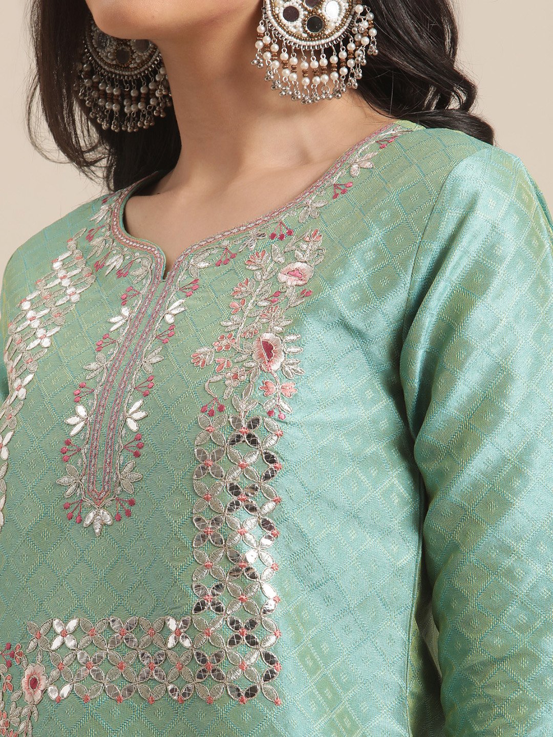 Sea Green Floral Embroidery Kurta Set With Bhaglpuri Silk Dupatta