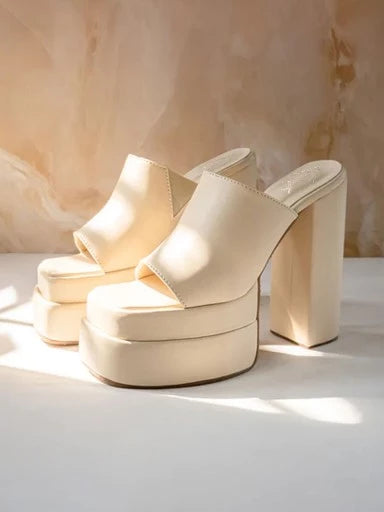 Stylish Solid Cream Block Heels For Women & Girls