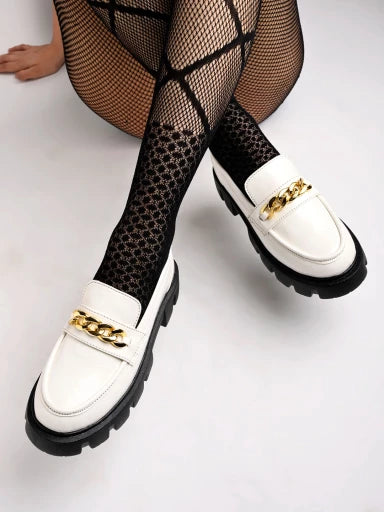 Smart Casual Chain Detailed White Loafers For Women & Girls