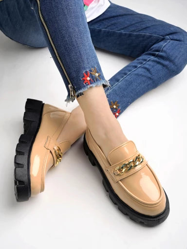 Smart Casual Chain Detailed Tan Loafers For Women & Girls