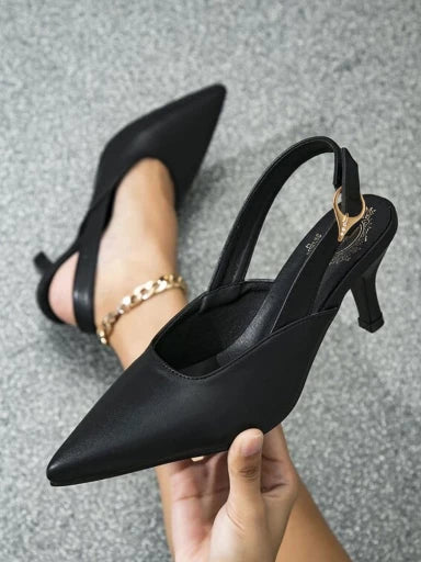 Black Pointed-Toe Pumps with Buckle Closure For Women