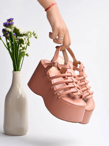 Multi Straps Casual Peach Platforms For Women & Girls