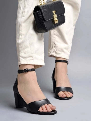 Stylish Ankle Strap Black Block Heeled Sandals For Women & Girls