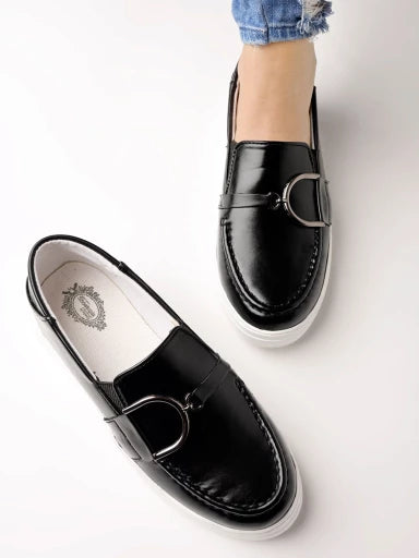 Smart Casual Chain Detailed Black Loafers For Women & Girls