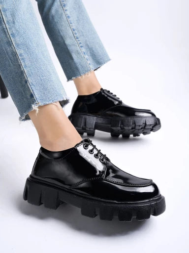 Smart Casual Lace-up Detailed Black Loafers For Women & Girls