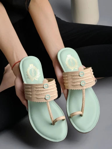 Upper Braid Detailed Green Kolhapuri Flats For Women & Girls