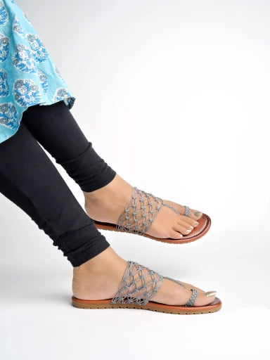 Ethnic Grey Kolhapuri Flats For Women & Girls