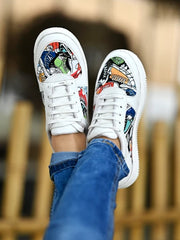 Lace-up Printed Detail White Sneakers For Women & Girls