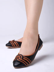 Pointed Toe Stripped Detailed Black Bellies For Women & Girls