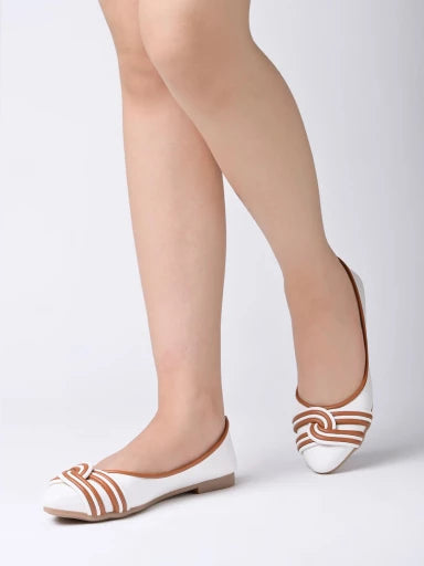 Pointed Toe Stripped Detailed White Bellies For Women & Girls