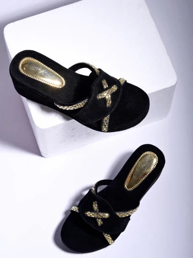 Embellished Stone Detailed Golden Wedges For Women & Girls