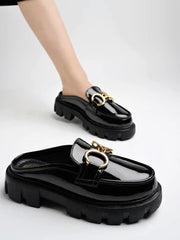 Front Buckle Detailed Black Loafers For Women & Girls