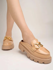 Front Buckle Detailed Beige Loafers For Women & Girls