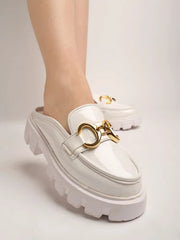 Front Buckle Detailed White Loafers For Women & Girls