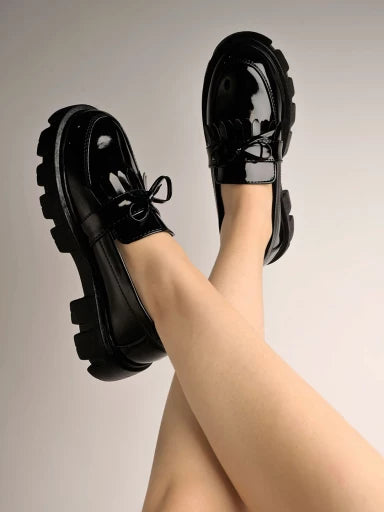 Front Tie Detailed Black Loafers For Women & Girls