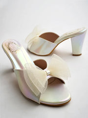 Stunning Upper Bow Detailed White Block Heels For Women & Girls