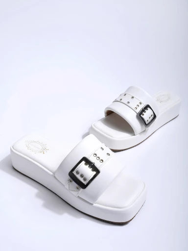 Upper Buckle Detailed White Platform Heels For Women & Girls