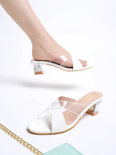 Stylish Upper Cross Strap White Block Heels For Women & Girls