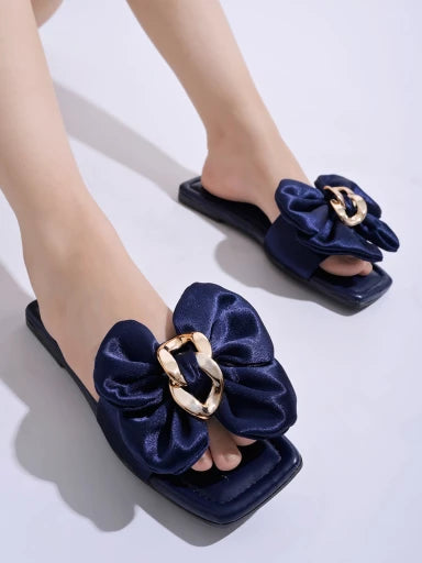 Stylish Oversized Bow Detailed Blue Flats For Women & Girls