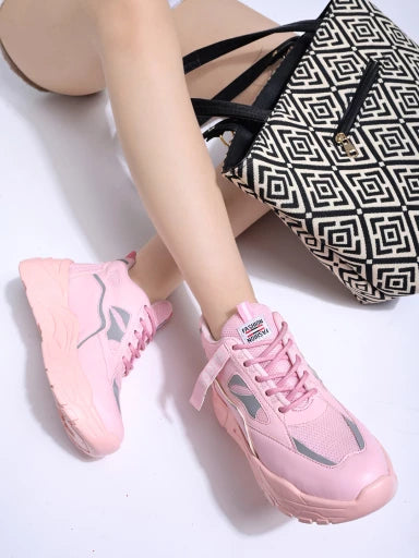 Lace-up Detail Pink Chunky Sneakers For Women & Girls