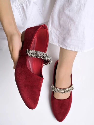 Embellished Slip-On Maroon Bellies For Women & Girls