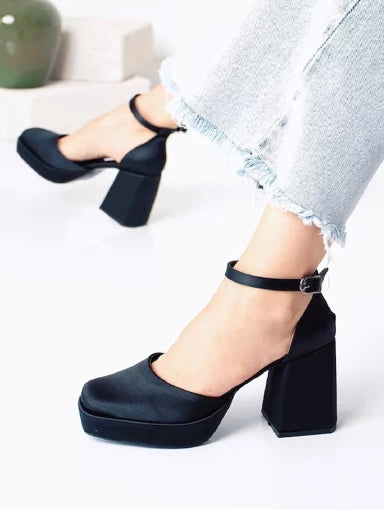 Square Toe Black Platfrom Block Heel Court Pump For Women & Girls