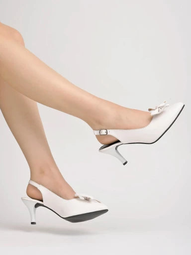 Pointed Toe and Bow Detailed White Pumps For Women & Girls