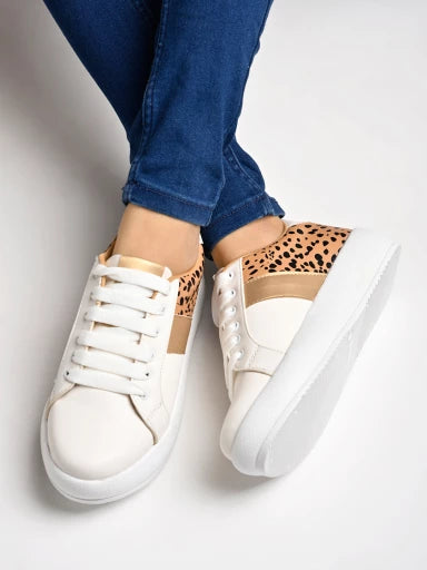 Leopard Printed Smart Casual White Sneakers For Women & Girls